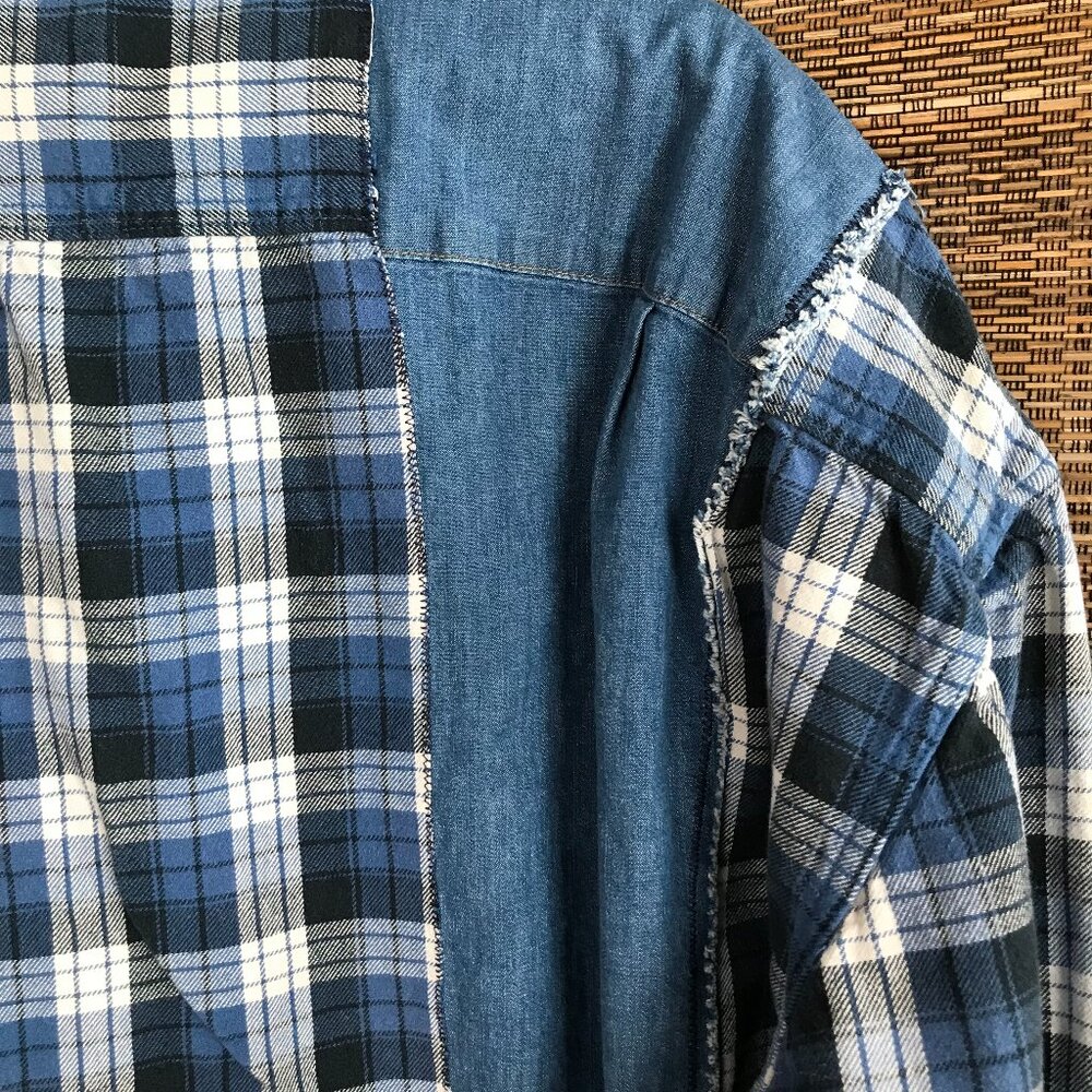 Upcycled Denim Plaid Flannel Jean Jacket, Boho Patchwork Shirt Plus Size XL - 2X - Picture 6 of 9